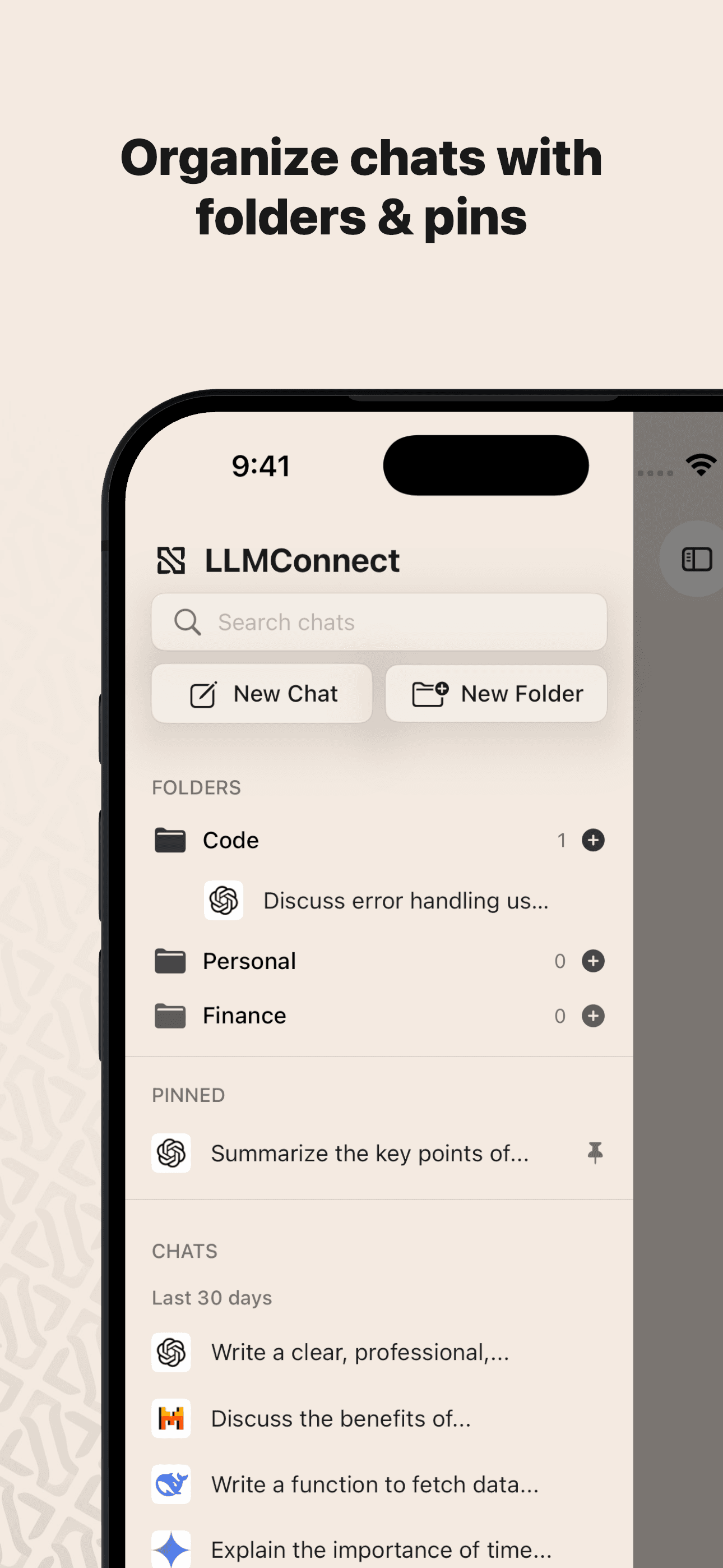 Chat organization in LLMConnect with colored folders and pinned conversations
