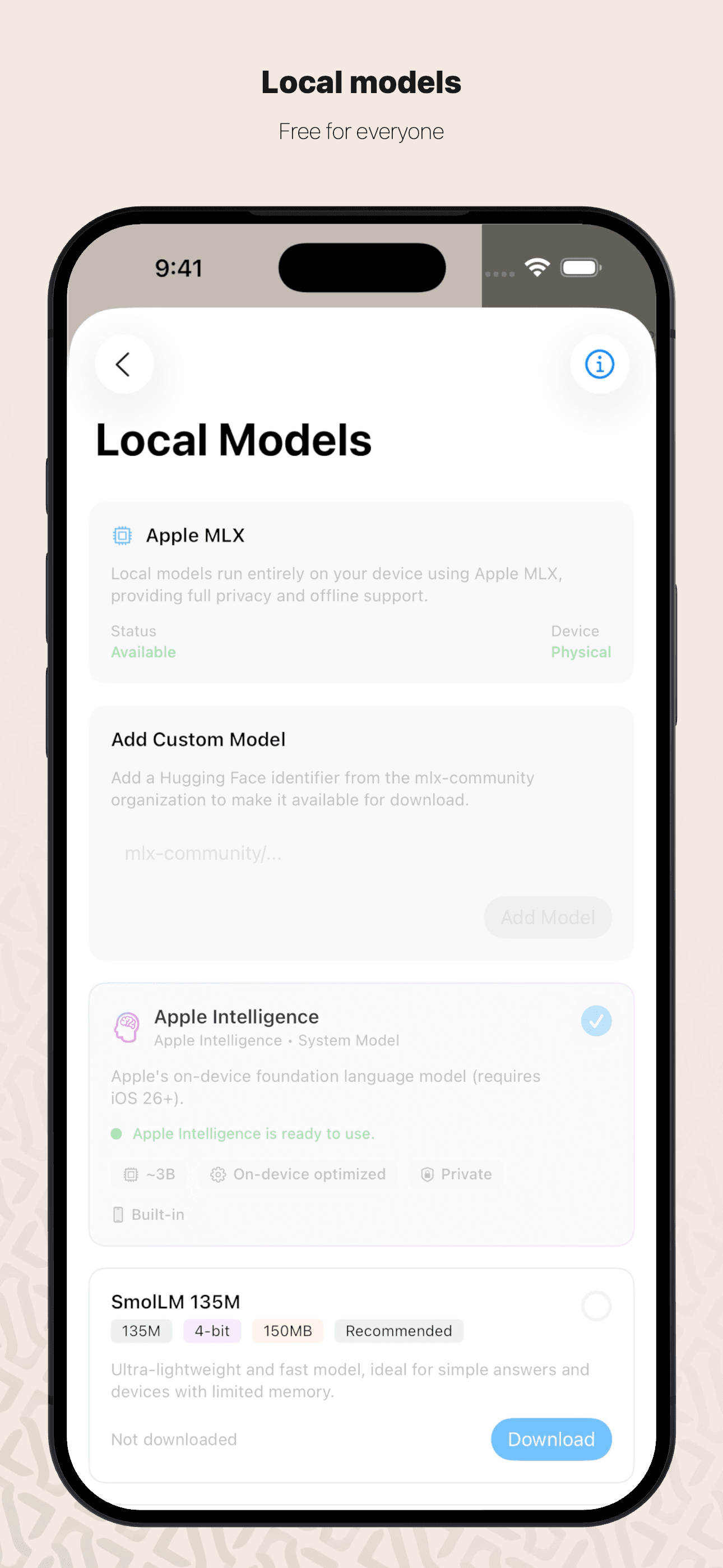 Local on-device AI models running offline in LLMConnect